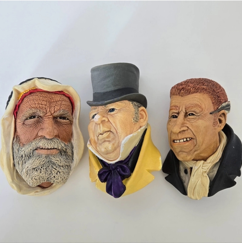 Vintage Bossons Chalkware Heads Lot Of 3 Congleton England Arab Micawber Uriah